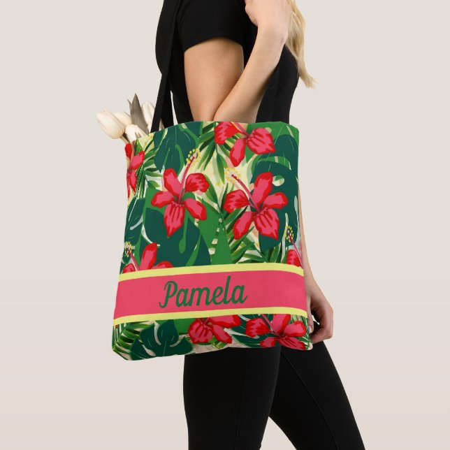Bolsa Tote Flores e folhas tropicais (Close Up)