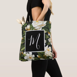 Bolsa Tote Flores e folhas verdes de jardinagem branca