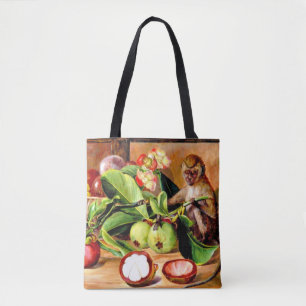 Bolsa Tote Flores e frutas de Mangosteen; Macaco de Singapura