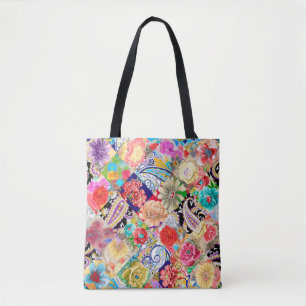 Bolsa Tote Flores e pássaros, sem costura, em planta