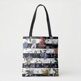 Bolsa Tote Flores Elegantes em faixas brancas e pretas