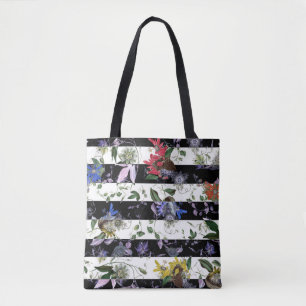 Bolsa Tote Flores Elegantes em faixas brancas e pretas
