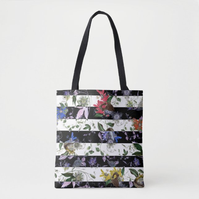 Bolsa Tote Flores Elegantes em faixas brancas e pretas (Frente)
