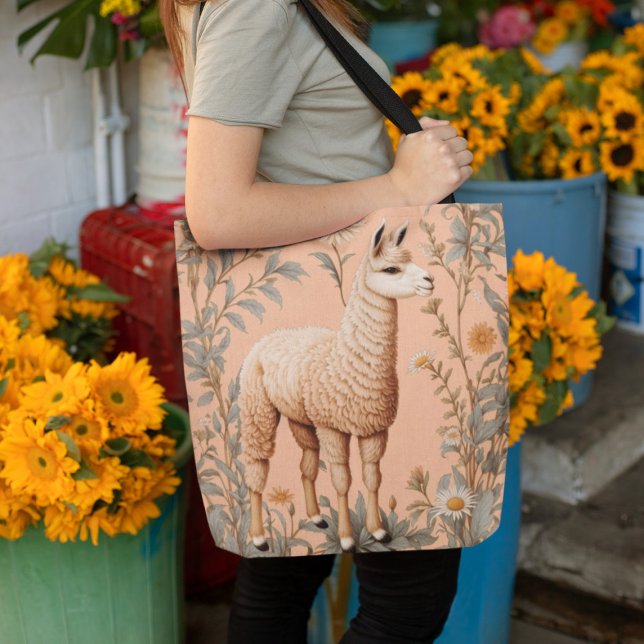 Bolsa Tote Flores Elegantes Lama e Daisy em Pêssego (Criador carregado)