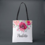 Bolsa Tote Flores em Aquarela Personalizadas<br><div class="desc">Dê de presente esta linda bolsa de mão personalizada com flores vibrantes em tons de rosa e creme e personalizada com letras elegantes para alguém especial ou crie para si mesma. ITENS CORRESPONDENTES em nossa loja.</div>