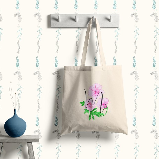 Bolsa Tote Flores em aquarela rosa com a sua inicial (Criador carregado)