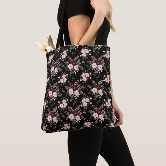 Bolsa Tote Flores em Aquarela Rosa Preto e Borgonha (Close Up)