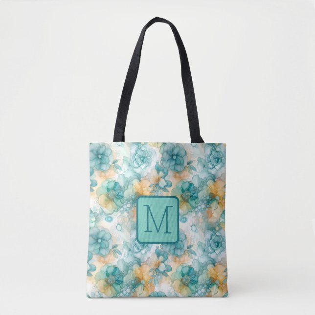 Bolsa Tote Flores em Azul Verde e Amarelo com Monograma de Bl (Frente)