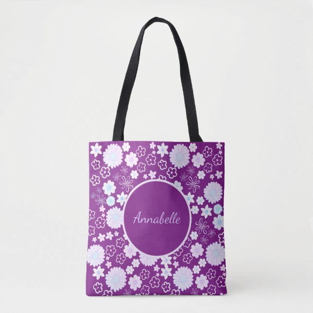 Bolsa Tote Flores em Padrão Floral Roxo Nomeadas (Frente)