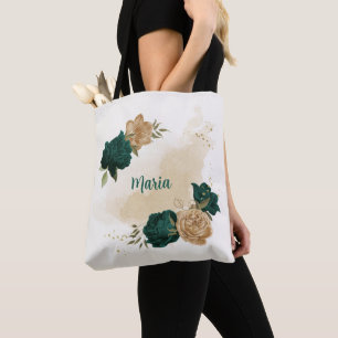 Bolsa Tote flores esmeraldas verdes e douradas beges
