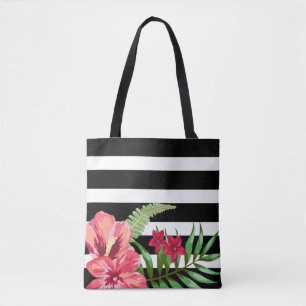 Bolsa Tote Flores Exóticas E Banhas Brancas Pretas