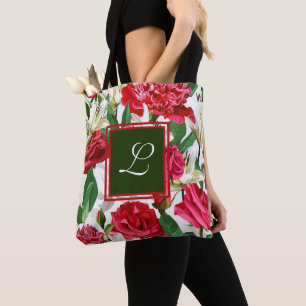 Bolsa Tote Flores Florais De Rosas Brancas Vermelhas Monogram