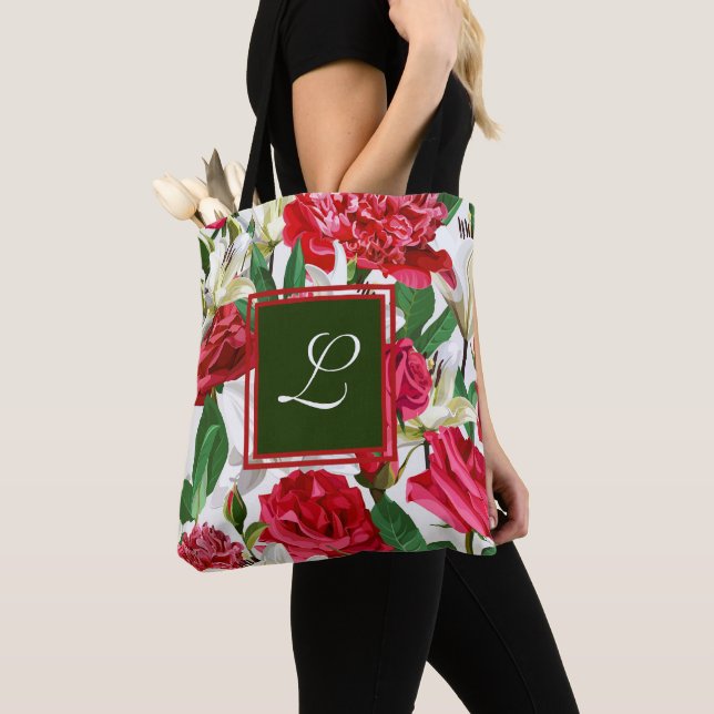 Bolsa Tote Flores Florais De Rosas Brancas Vermelhas Monogram (Close Up)