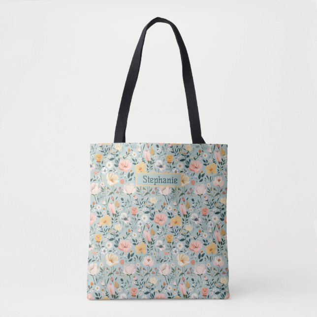 Bolsa Tote Flores Florais Pêssegos Brancos Azuis (Frente)