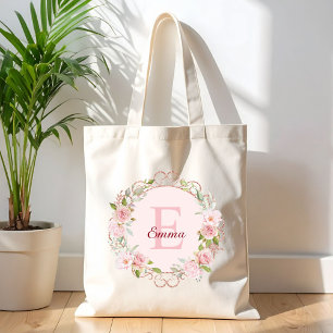 Bolsa Tote Flores Florais Rosa Bege Aquarela Monograma