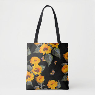 Bolsa Tote Flores florais sem costura, girassóis em fundo pr