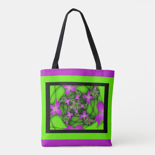 Bolsa Tote Flores Fractais Abstratas Modernas Rosa Verde Neon (Verso)