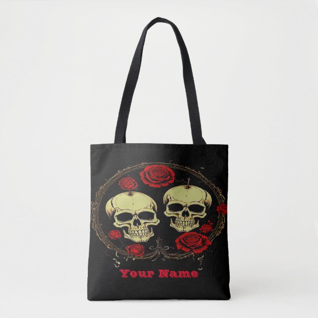 Bolsa Tote Flores góticas e vermelhas do crânio Halloween (Frente)