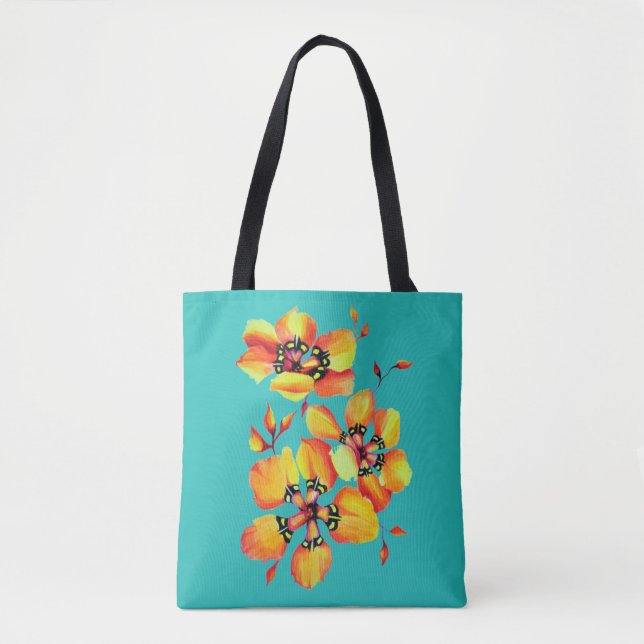 Bolsa Tote Flores Laranja Brilhantes - Aqua (Frente)
