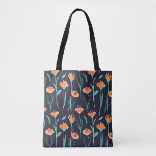 Bolsa Tote Flores Laranja Fantasias: Padrão Escuro Aquarela.