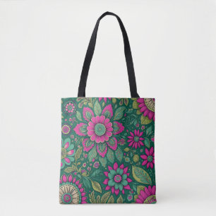 Bolsa Tote Flores Mandala Brilhante rosa verde
