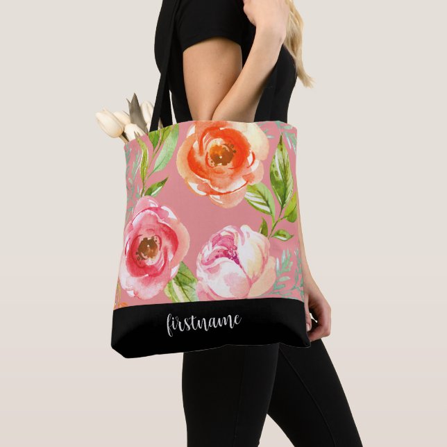 Bolsa Tote Flores Modernas com Monograma de Script Feminina (Close Up)