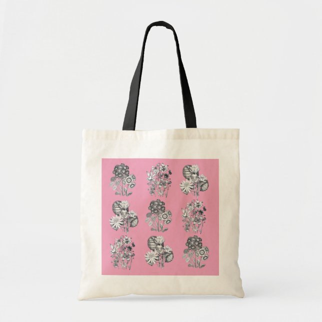 Bolsa Tote Flores monocromáticas em fundo rosa (Frente)