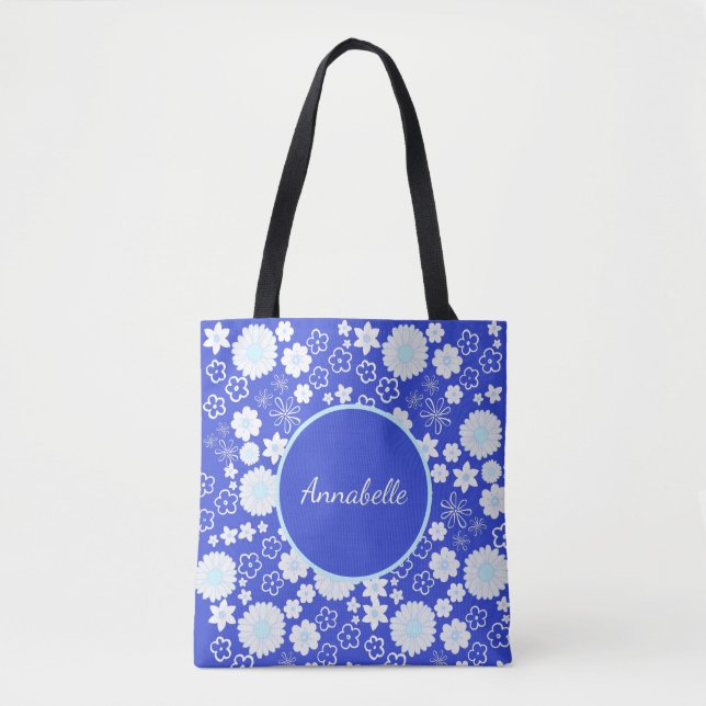 Bolsa Tote Flores no Padrão Floral Azul Nomeadas (Frente)