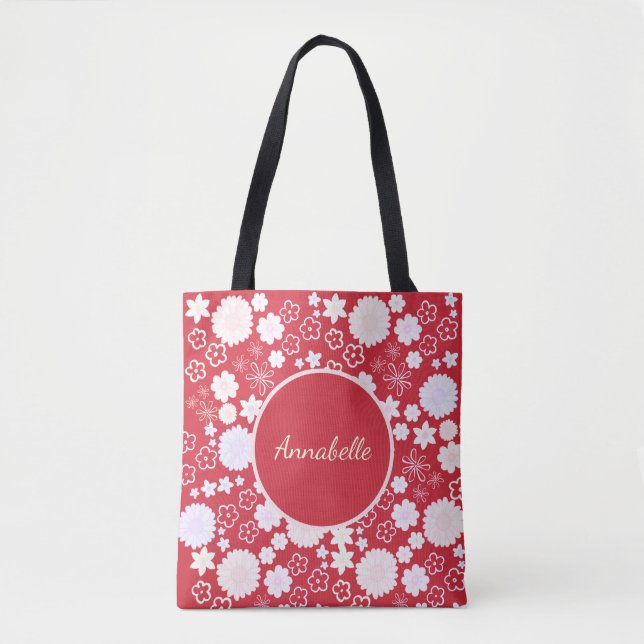 Bolsa Tote Flores no Padrão Floral Vermelho Nomeadas (Frente)