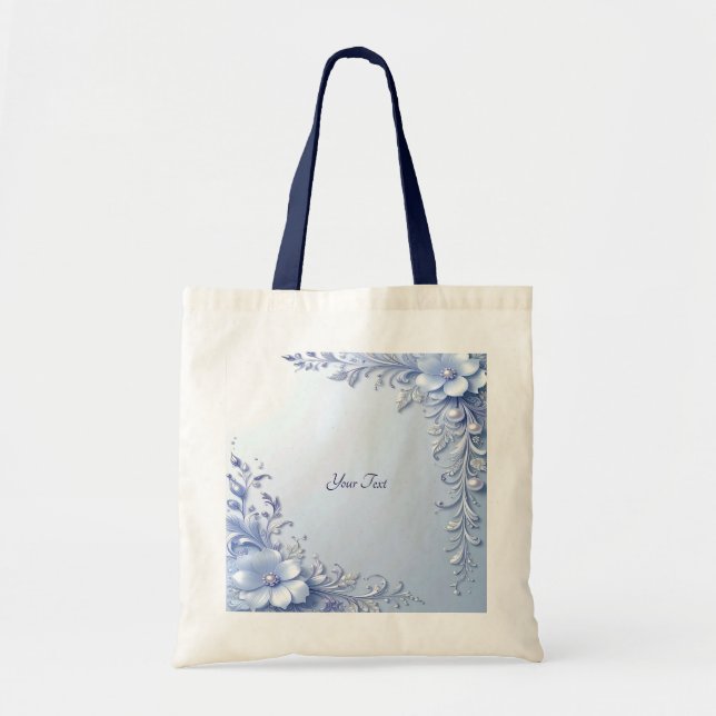 Bolsa Tote Flores Ornamentadas Azuis com Pérolas (Frente)