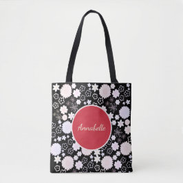 Bolsa Tote Flores Padrão Floral Preto Vermelho com Nome Perso