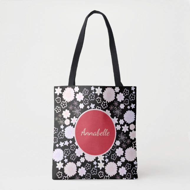 Bolsa Tote Flores Padrão Floral Preto Vermelho com Nome Perso (Frente)