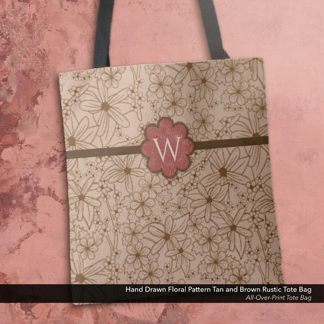Bolsa Tote Flores-País: Monograma Vermelho-brick e brick (Tote Bag: Rustic Hand Drawn Floral Pattern in Tan and Brown with Distressed Brick Red Monogram.)