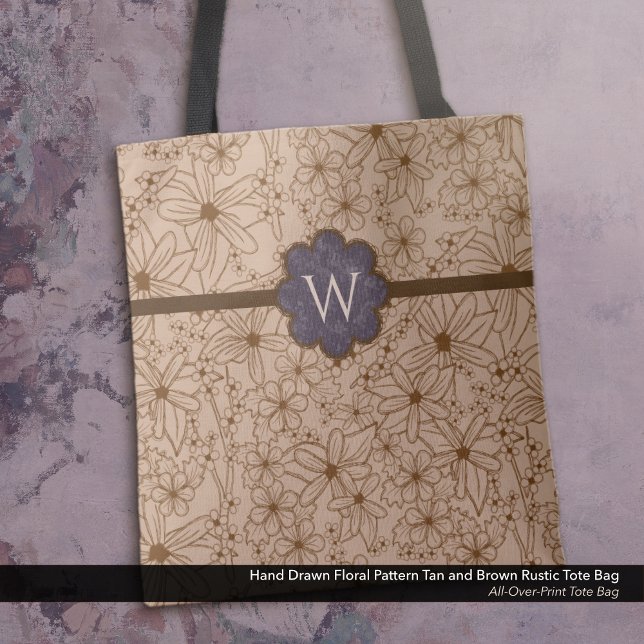 Bolsa Tote Flores-País: Tom e Monograma Roxo (Tote Bag: Rustic Hand Drawn Floral Pattern in Tan and Brown with Distressed Dark Purple Monogram.)