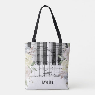Bolsa Tote flores pálidas notas musicais piano