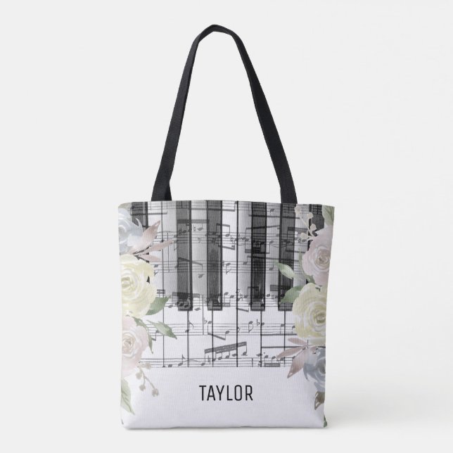 Bolsa Tote flores pálidas notas musicais piano (Verso)