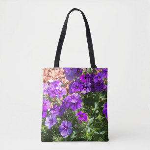 Bolsa Tote Flores Phlox roxas num saco de toques