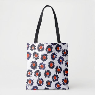 Bolsa Tote Flores pintadas à mão, padrão vermelho e azul.
