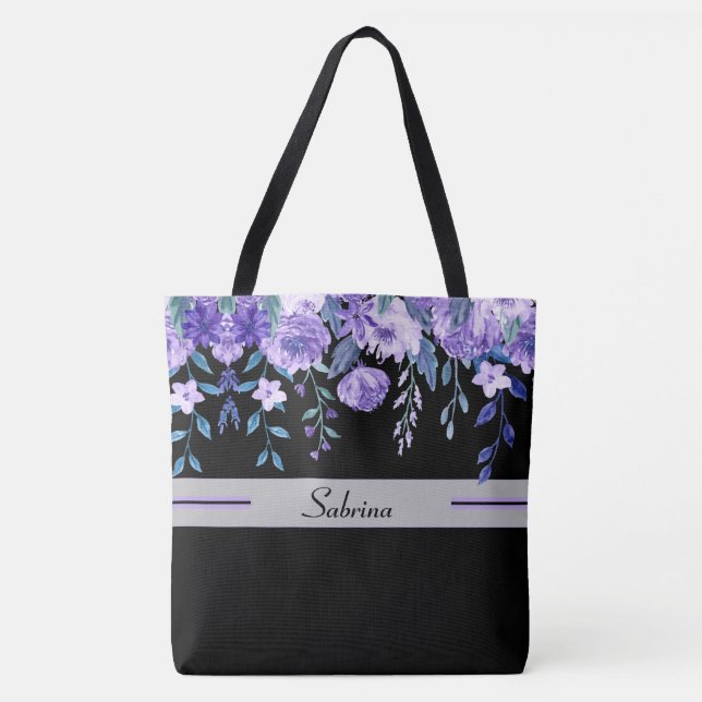 Bolsa Tote Flores Pintadas Púrpuras Monograma (Frente)