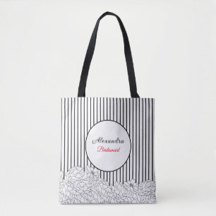 Bolsa Tote Flores Pretas e Brancas com Listras de Damas de Ho