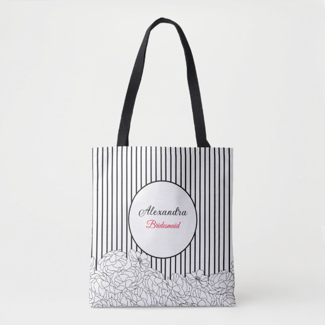 Bolsa Tote Flores Pretas e Brancas com Stripes Bridesmaid (Frente)