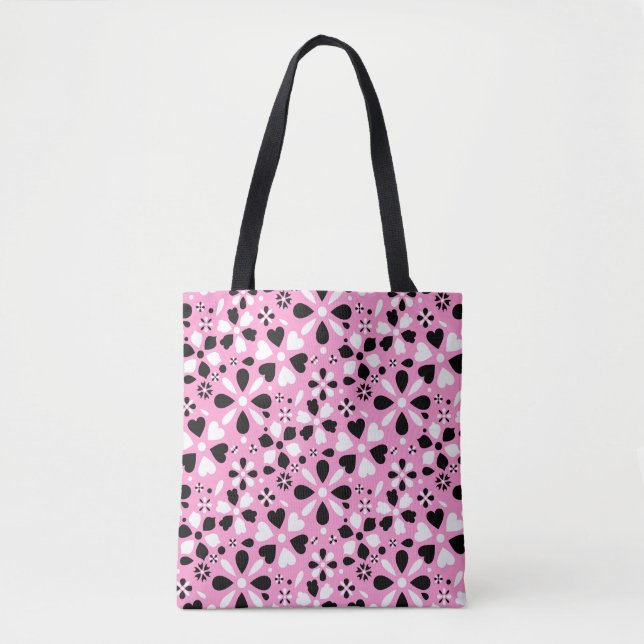 Bolsa Tote Flores pretas e brancas fofas (Frente)