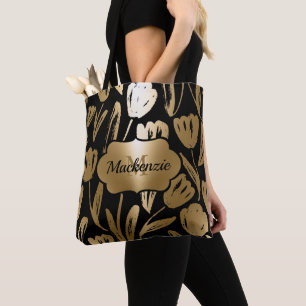 Bolsa Tote Flores Pretas e Ouros