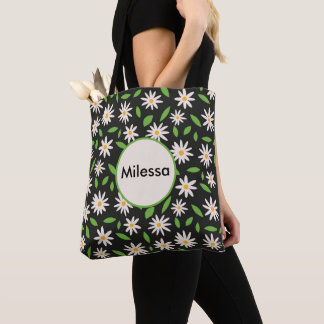 Bolsa Tote Flores Retro Daisy em Nome Personalizado Preto