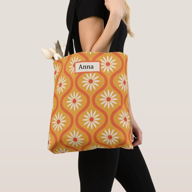 Bolsa Tote Flores Retro em Ogee Laranja do Meio do Século Per (Close Up)
