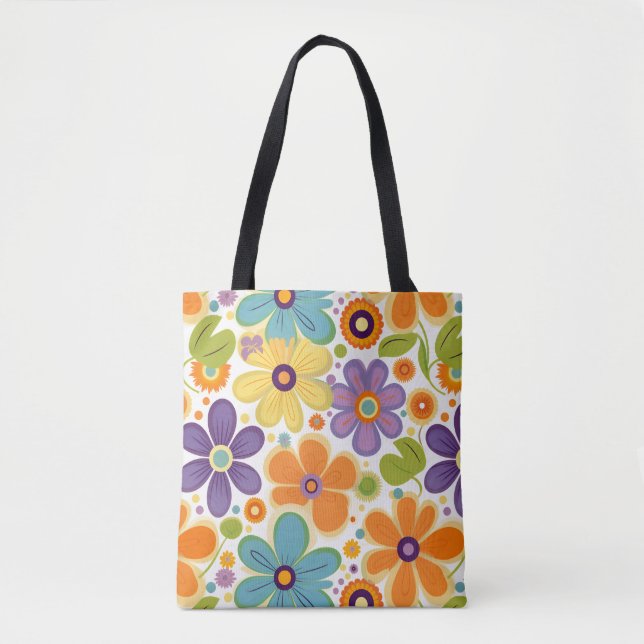 Bolsa Tote Flores Retro Laranja Lilac e Verde (Frente)