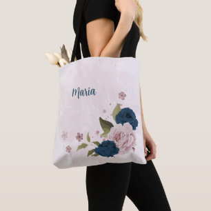 Bolsa Tote flores rosa azul marinho
