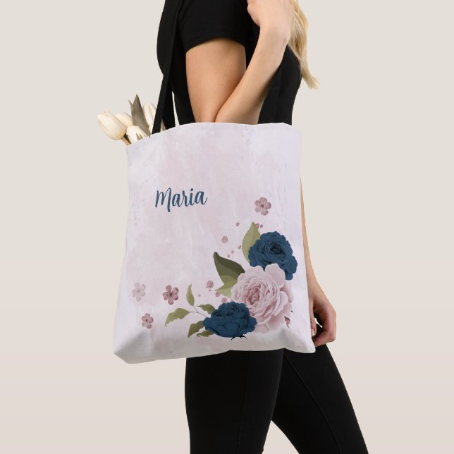 Bolsa Tote flores rosa azul marinho (Close Up)