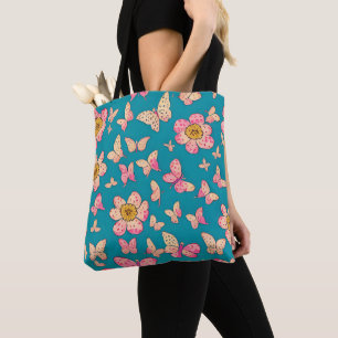 Bolsa Tote Flores rosa e borboletas Padrão Fundo