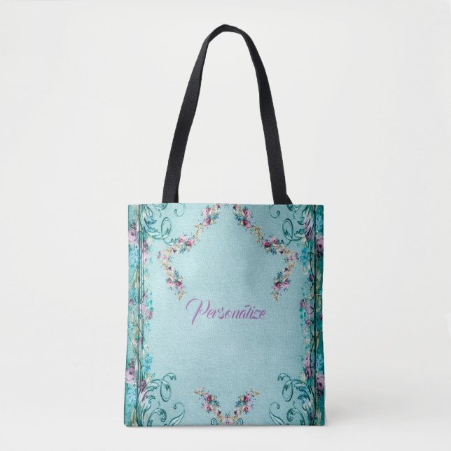 Bolsa Tote Flores Rosa florais vitorianas e elegantes de rola (Frente)